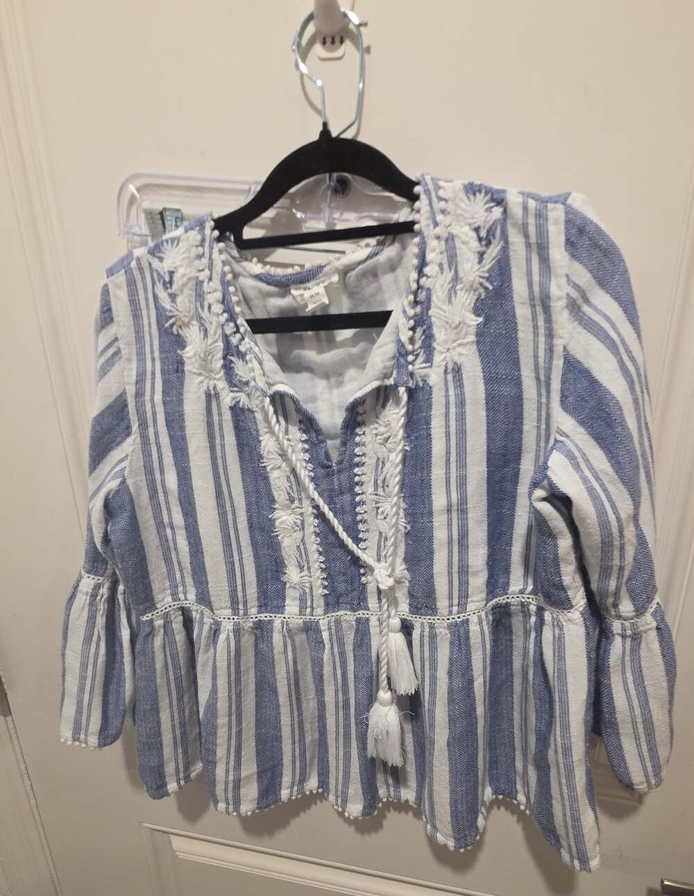 Tribal Jeans Blouse Size M Blue White Striped Embroidered Boho Peplum Top